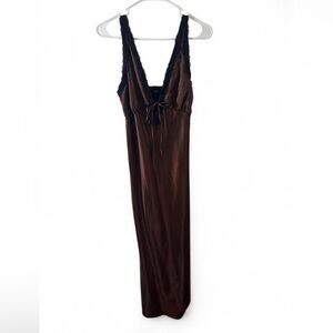 Wild Fable Brown Satin Babydoll Dress Lace Trim Tie Front Y2K Small